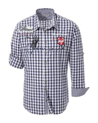 dunkelblaues und weißes Langarmhemd mit Vichy-Muster von MARJO