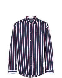 dunkelblaues und weißes vertikal gestreiftes Langarmhemd von Tommy Jeans