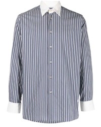 dunkelblaues und weißes vertikal gestreiftes Langarmhemd von Wales Bonner