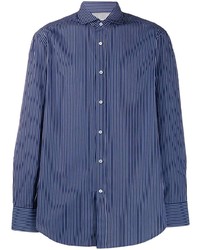 dunkelblaues vertikal gestreiftes Langarmhemd von Brunello Cucinelli
