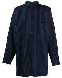 dunkelblaues vertikal gestreiftes Langarmhemd von Issey Miyake Men