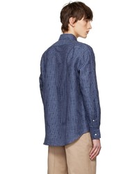 dunkelblaues vertikal gestreiftes Leinen Langarmhemd von Ralph Lauren Purple Label