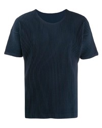 dunkelblaues vertikal gestreiftes T-Shirt mit einem Rundhalsausschnitt von Homme Plissé Issey Miyake