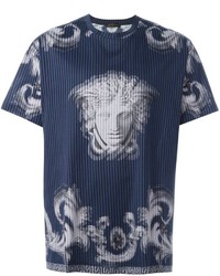 dunkelblaues vertikal gestreiftes T-shirt von Versace