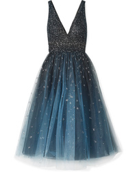 dunkelblaues verziertes ausgestelltes Kleid aus Tüll von Marchesa Notte