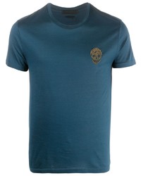 dunkelblaues verziertes T-Shirt mit einem Rundhalsausschnitt von Alexander McQueen