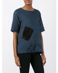 dunkelblaues verziertes T-Shirt mit einem Rundhalsausschnitt von By Walid