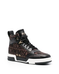 dunkelbraune bedruckte hohe Sneakers aus Leder von Moschino