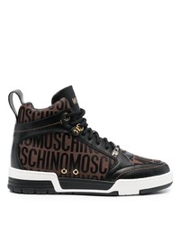 dunkelbraune bedruckte hohe Sneakers aus Leder von Moschino