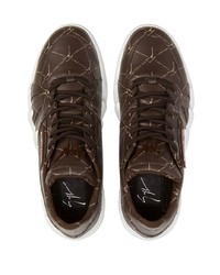 dunkelbraune bedruckte Leder niedrige Sneakers von Giuseppe Zanotti