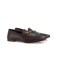 dunkelbraune bestickte Leder Slipper von Gucci