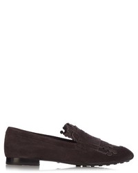 dunkelbraune Wildleder Slipper mit Fransen