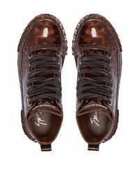 dunkelbraune hohe Sneakers aus Leder mit Leopardenmuster von Giuseppe Zanotti