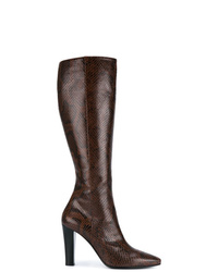 dunkelbraune kniehohe Stiefel aus Leder mit Schlangenmuster von Saint Laurent