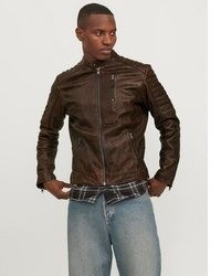 dunkelbraune Leder Bikerjacke von Jack & Jones