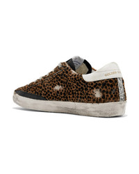 dunkelbraune Leder niedrige Sneakers mit Leopardenmuster von Golden Goose Deluxe Brand