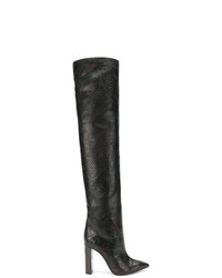 dunkelbraune Overknee Stiefel aus Leder von Saint Laurent