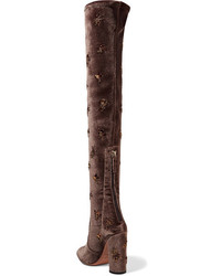 dunkelbraune Overknee Stiefel aus Samt von Aquazzura