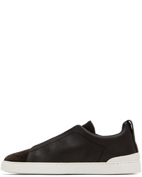 dunkelbraune Slip-On Sneakers aus Leder von Zegna