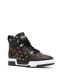 dunkelbraune verzierte hohe Sneakers aus Leder von Moschino