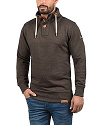 dunkelbrauner Fleece-Pullover mit einem zugeknöpften Kragen von Solid