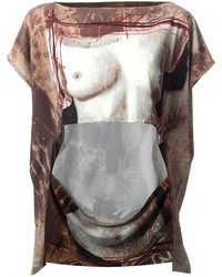 dunkelbraunes bedrucktes T-Shirt mit einem Rundhalsausschnitt von Jean Paul Gaultier