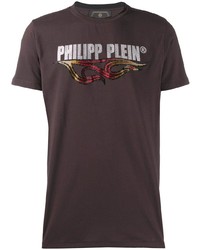 dunkelbraunes bedrucktes T-Shirt mit einem Rundhalsausschnitt von Philipp Plein