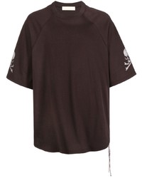 dunkelbraunes besticktes T-Shirt mit einem Rundhalsausschnitt