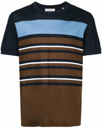 dunkelbraunes horizontal gestreiftes T-Shirt mit einem Rundhalsausschnitt von Cerruti