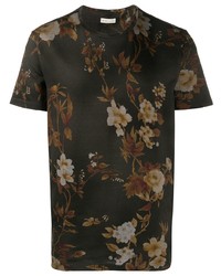 dunkelbraunes T-Shirt mit einem Rundhalsausschnitt mit Blumenmuster