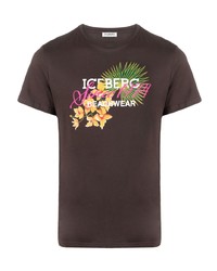 dunkelbraunes T-Shirt mit einem Rundhalsausschnitt mit Blumenmuster von Iceberg