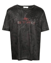 dunkelbraunes T-Shirt mit einem Rundhalsausschnitt mit Paisley-Muster
