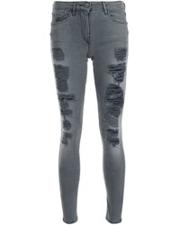 dunkelgraue enge Jeans aus Baumwolle mit Destroyed-Effekten