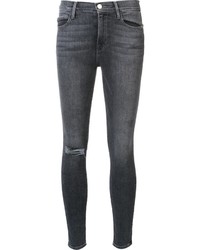 dunkelgraue enge Jeans aus Baumwolle mit Destroyed-Effekten von Frame