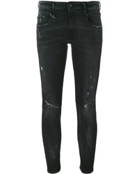 dunkelgraue enge Jeans aus Baumwolle mit Destroyed-Effekten von R 13