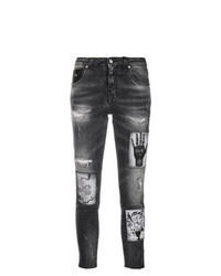 dunkelgraue bedruckte enge Jeans