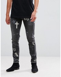 dunkelgraue bedruckte enge Jeans von ASOS DESIGN