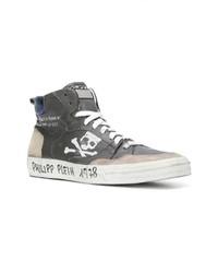 dunkelgraue bedruckte hohe Sneakers aus Leder von Philipp Plein