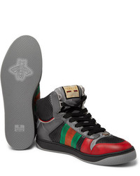 dunkelgraue bedruckte hohe Sneakers aus Leder von Gucci