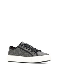 dunkelgraue bedruckte Leder niedrige Sneakers von Salvatore Ferragamo