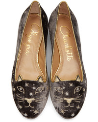 dunkelgraue bestickte Ballerinas von Charlotte Olympia