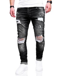 dunkelgraue enge Jeans mit Destroyed-Effekten von behype