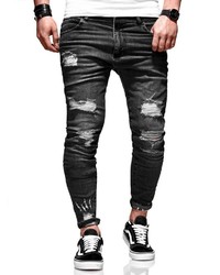 dunkelgraue enge Jeans mit Destroyed-Effekten von behype