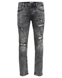 dunkelgraue enge Jeans mit Destroyed-Effekten von ONLY & SONS