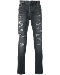 dunkelgraue enge Jeans mit Destroyed-Effekten von Philipp Plein
