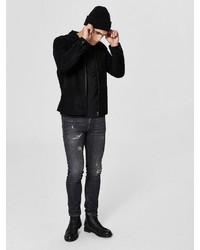 dunkelgraue enge Jeans mit Destroyed-Effekten von Selected Homme