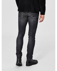 dunkelgraue enge Jeans mit Destroyed-Effekten von Selected Homme