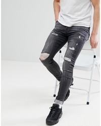 dunkelgraue enge Jeans mit Destroyed-Effekten von Sixth June
