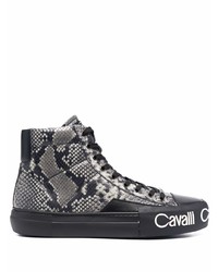dunkelgraue hohe Sneakers aus Leder mit Schlangenmuster von Roberto Cavalli