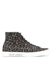 dunkelgraue hohe Sneakers aus Segeltuch mit Leopardenmuster von Saint Laurent